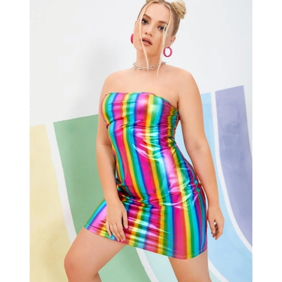 Plus Size Rainbow PU Vegan Leather Rainbow Striped Tube Style Dress Shiny - Picture 5 of 10